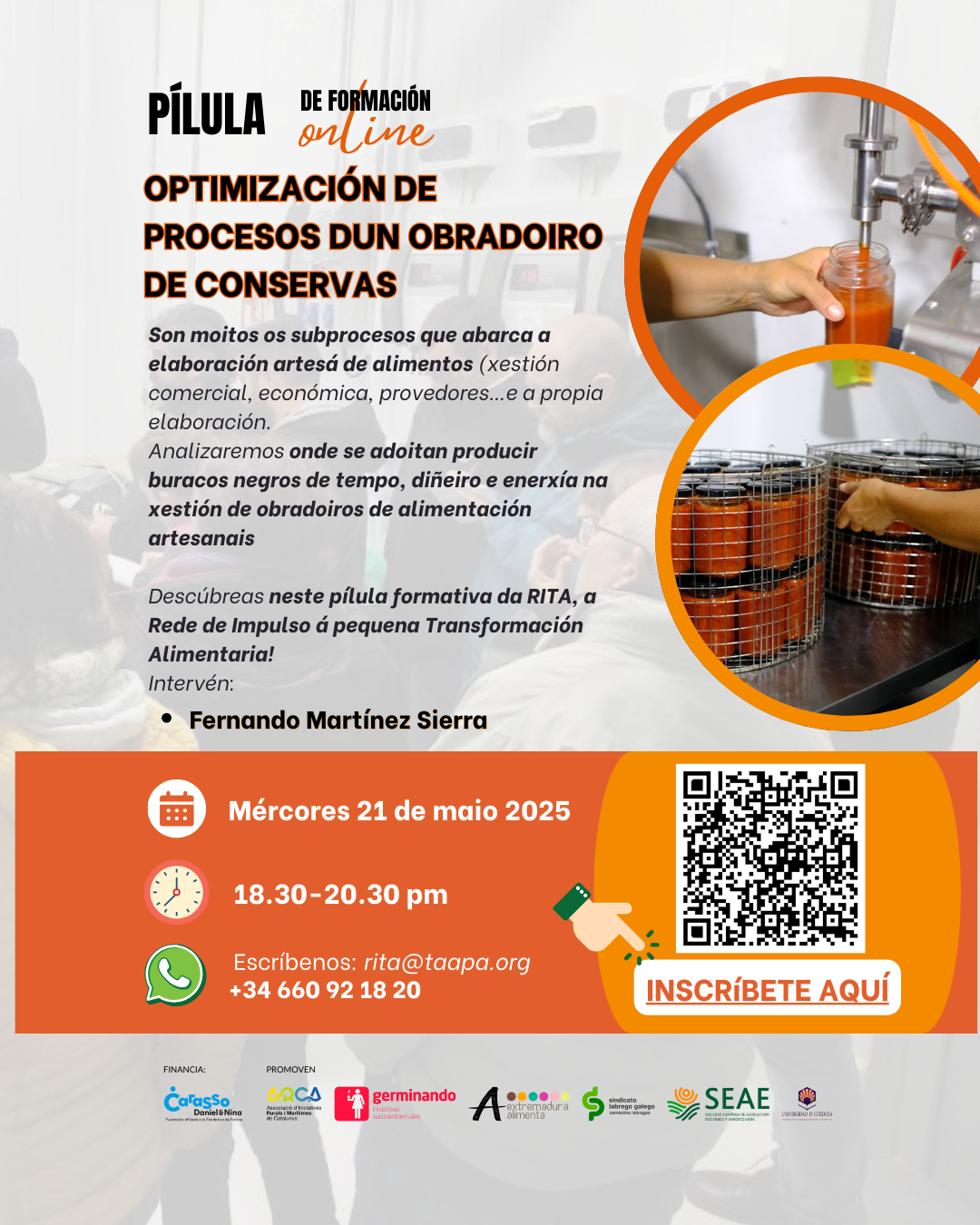 Cartel da formación online sobre optimización de procesos nun obradoiro de conservas organizada polo SLG e a rede RITA, o 21 de maio de 2025.