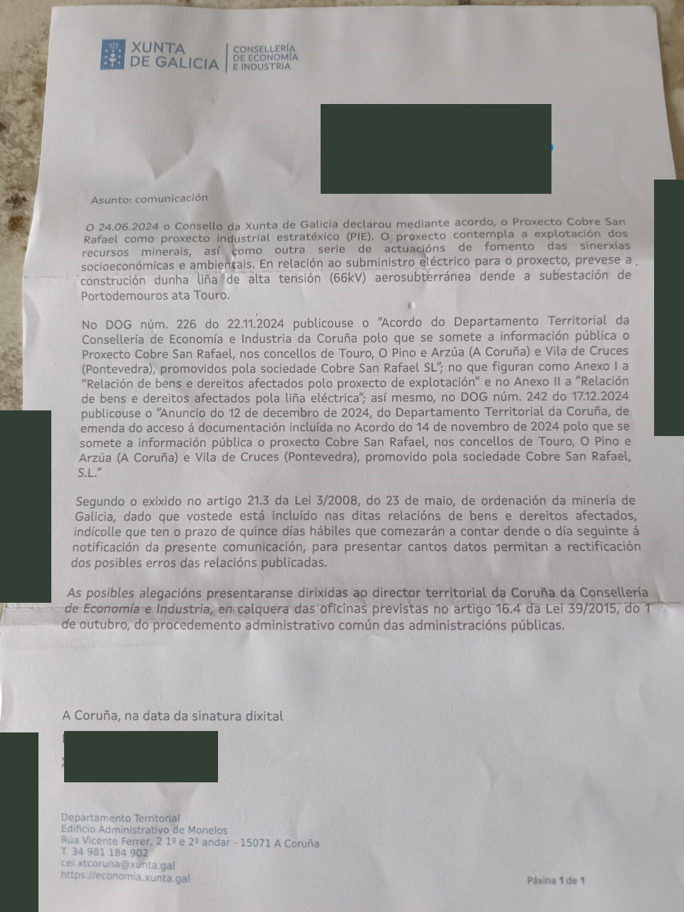 A Xunta envía cartas á veciñanza afectada pola mina Touro-OPino dando por feito a expropiacións dos seus bens