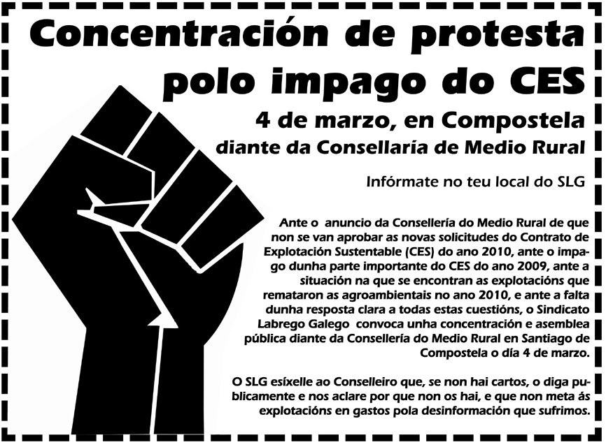 O SLG convocará mobilizacións para o 4 de marzo se Medio Rural non abona o pago dos Contratos de Explotación Sustentable (CES)